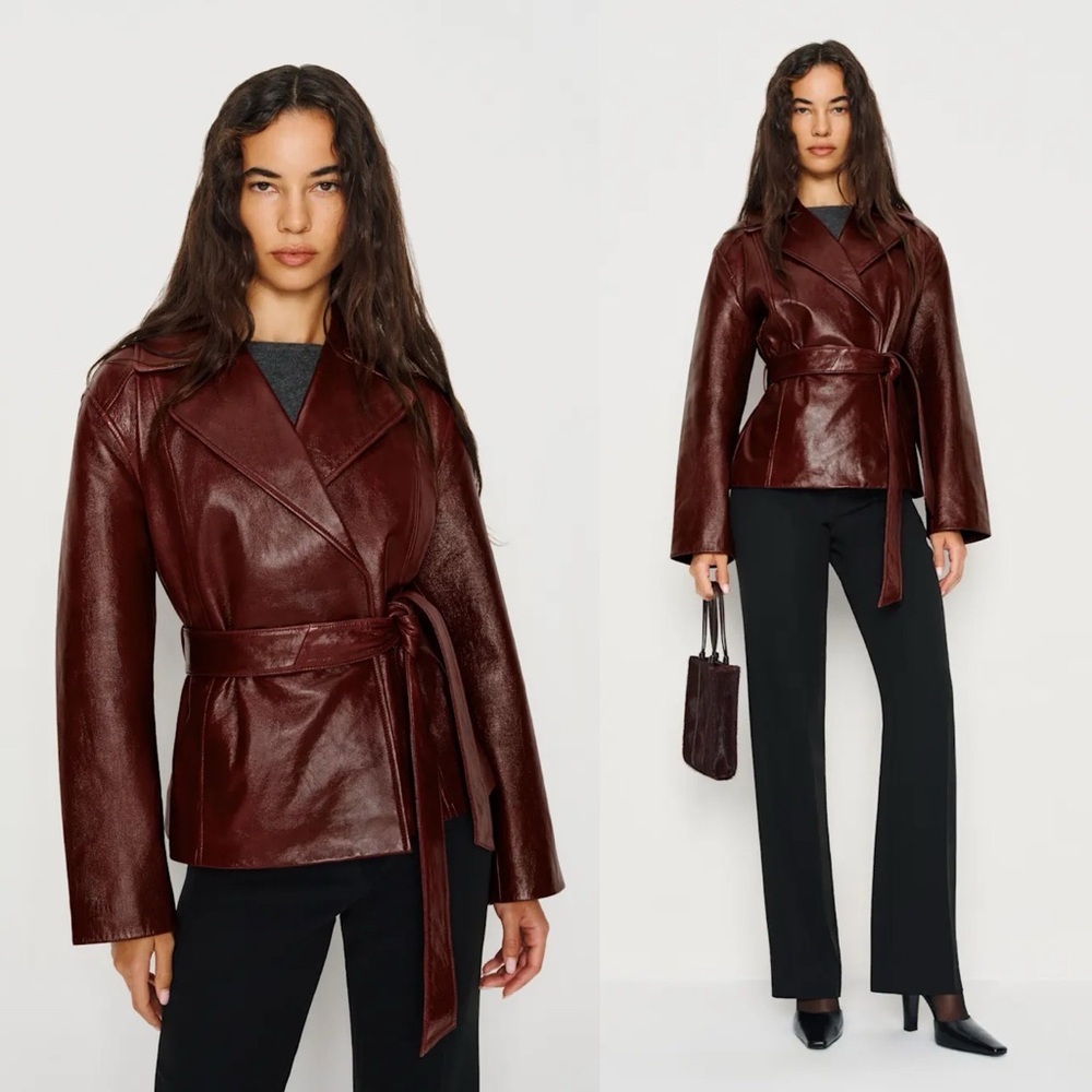 REFORMATION Veda Jaden Cropped Trench in Wine Patent M